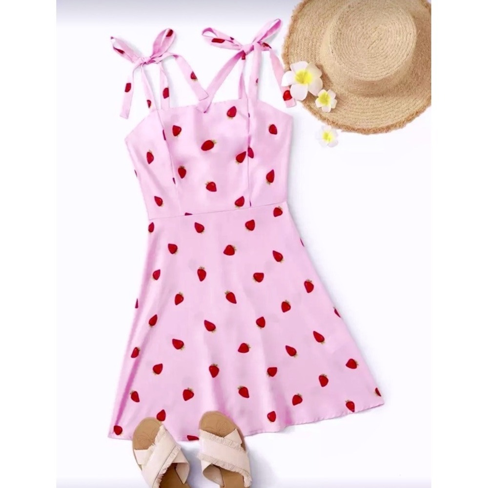 Summer Strawberry Print Mini Dress Womens Small Pink Preppy Y2K Retro Novelty